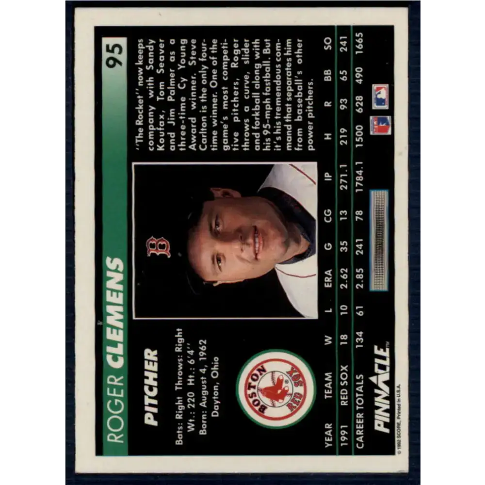 1992 Pinnacle #95 Roger Clemens EX Boston Red Sox Baseball Card - Baseball Card Single
