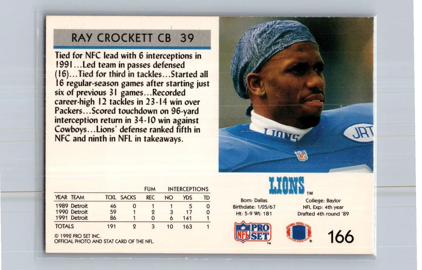 1992 Pro Set #166 Ray Crockett Detroit Lions - Football Card Single