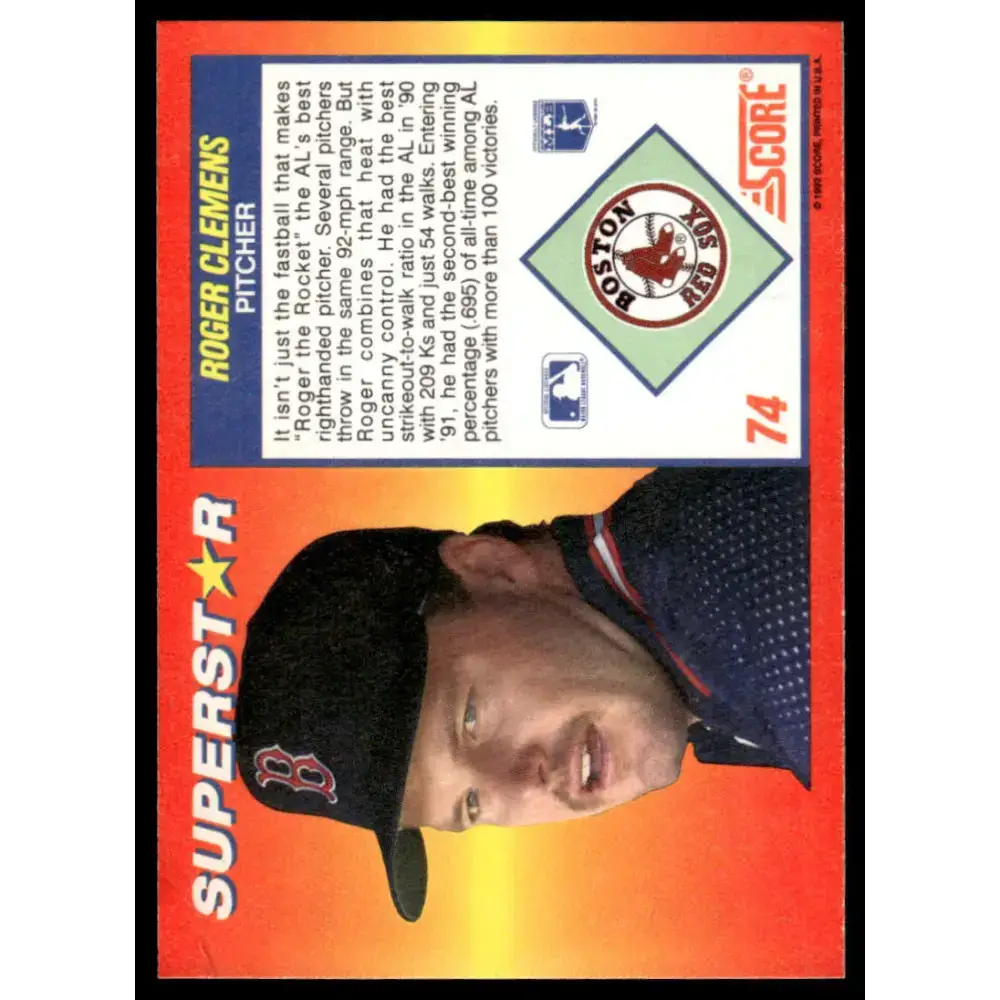 1992 Score 100 Superstars #74 Roger Clemens EX/NM Boston Red Sox Baseball Card - Baseball Card Single