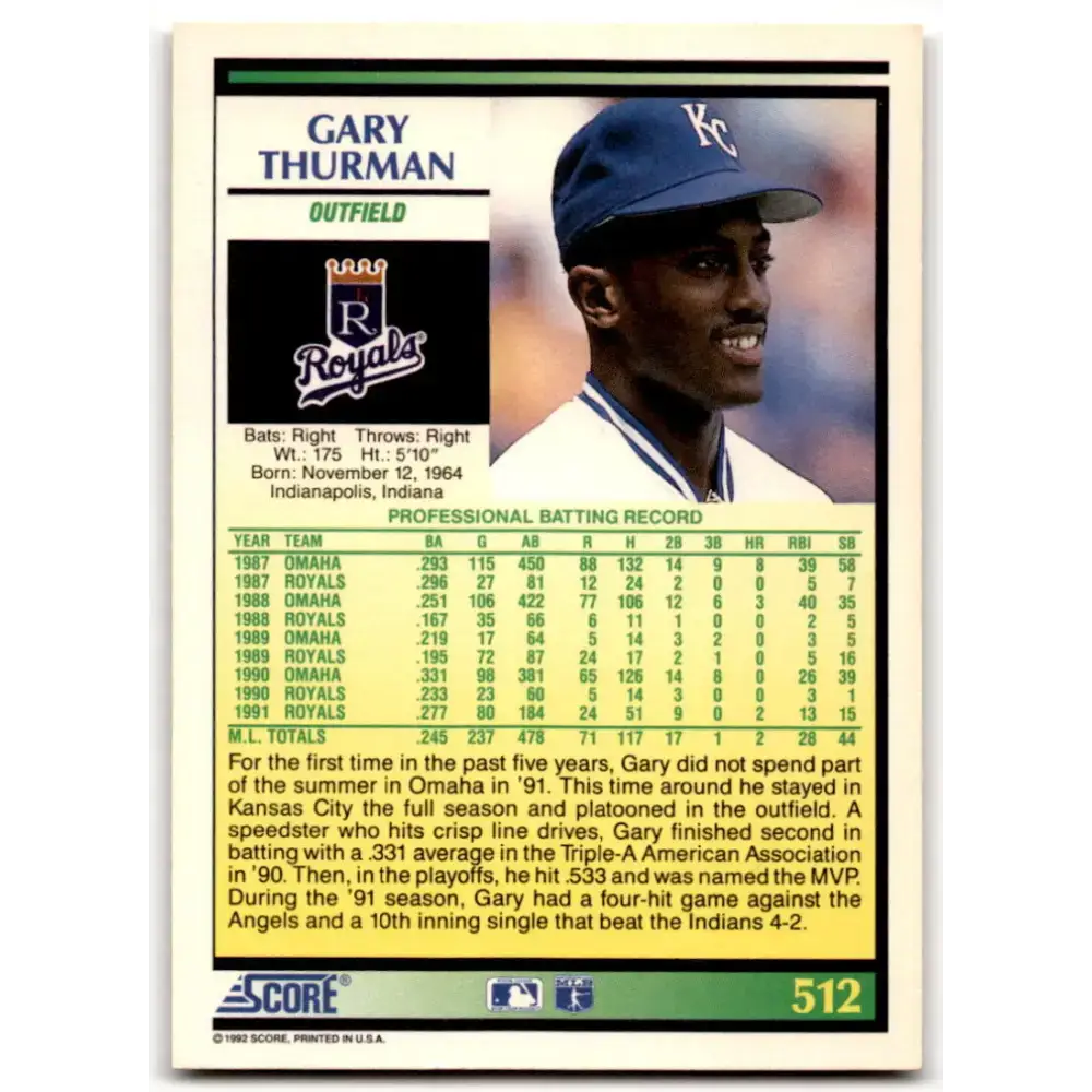 1992 Score #512 Gary Thurman NM-MT Kansas City Royals Baseball Card - Baseball Card Single