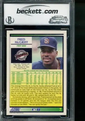 1992 Score Fred McGriff #7 Baseball BCCG 10 - Baseball Card Single
