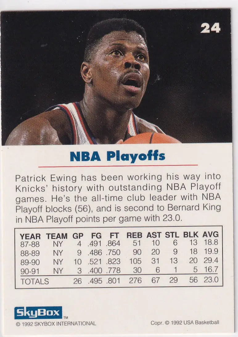 1992 SKYBOX #24 PATRICK EWING NBA PLAYOFFS USA- NEW YORK KNICKS - Basketball Card Single