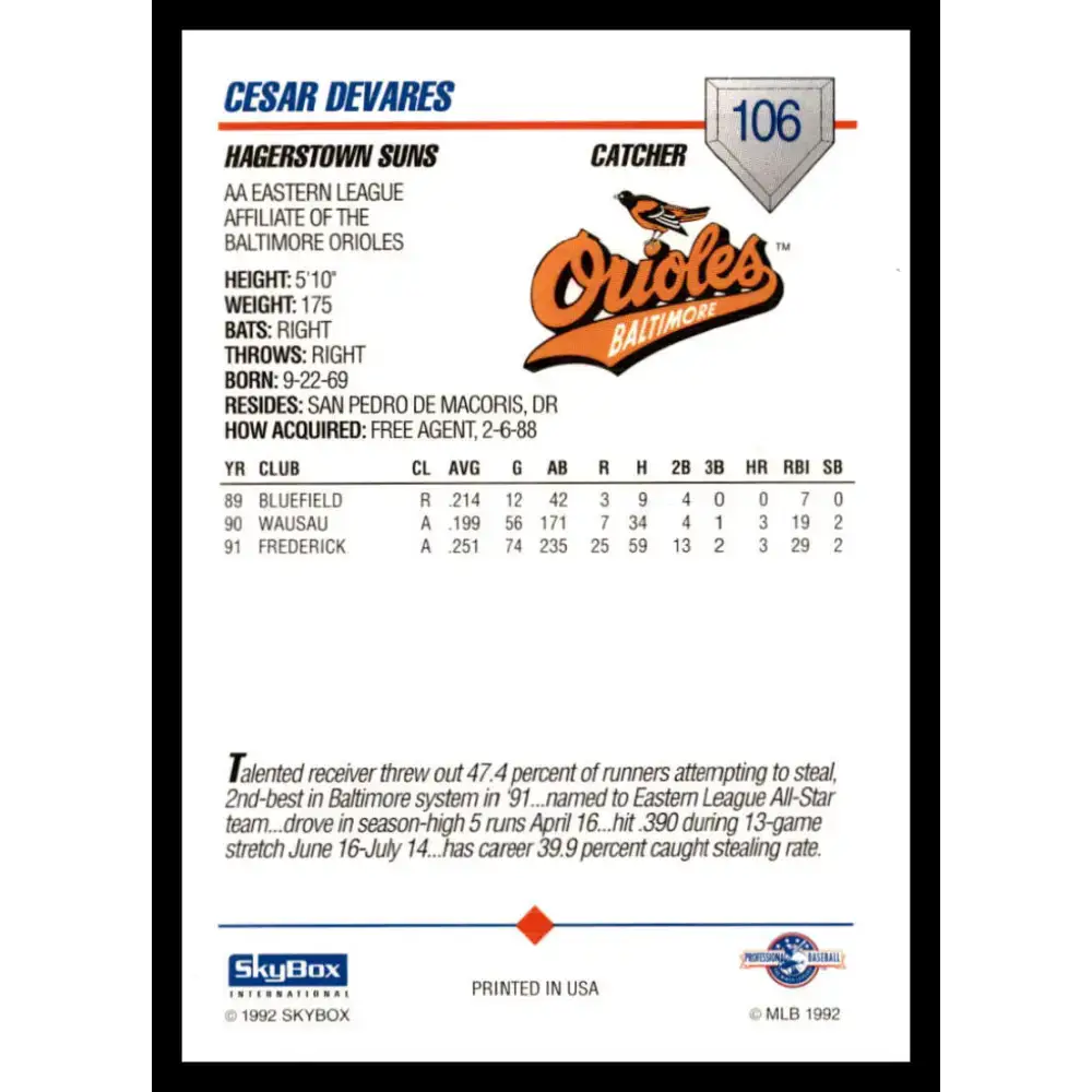 1992 Skybox AA #106 Cesar Devarez Hagerstown Suns NM-MT Baseball Card - Baseball Card Single