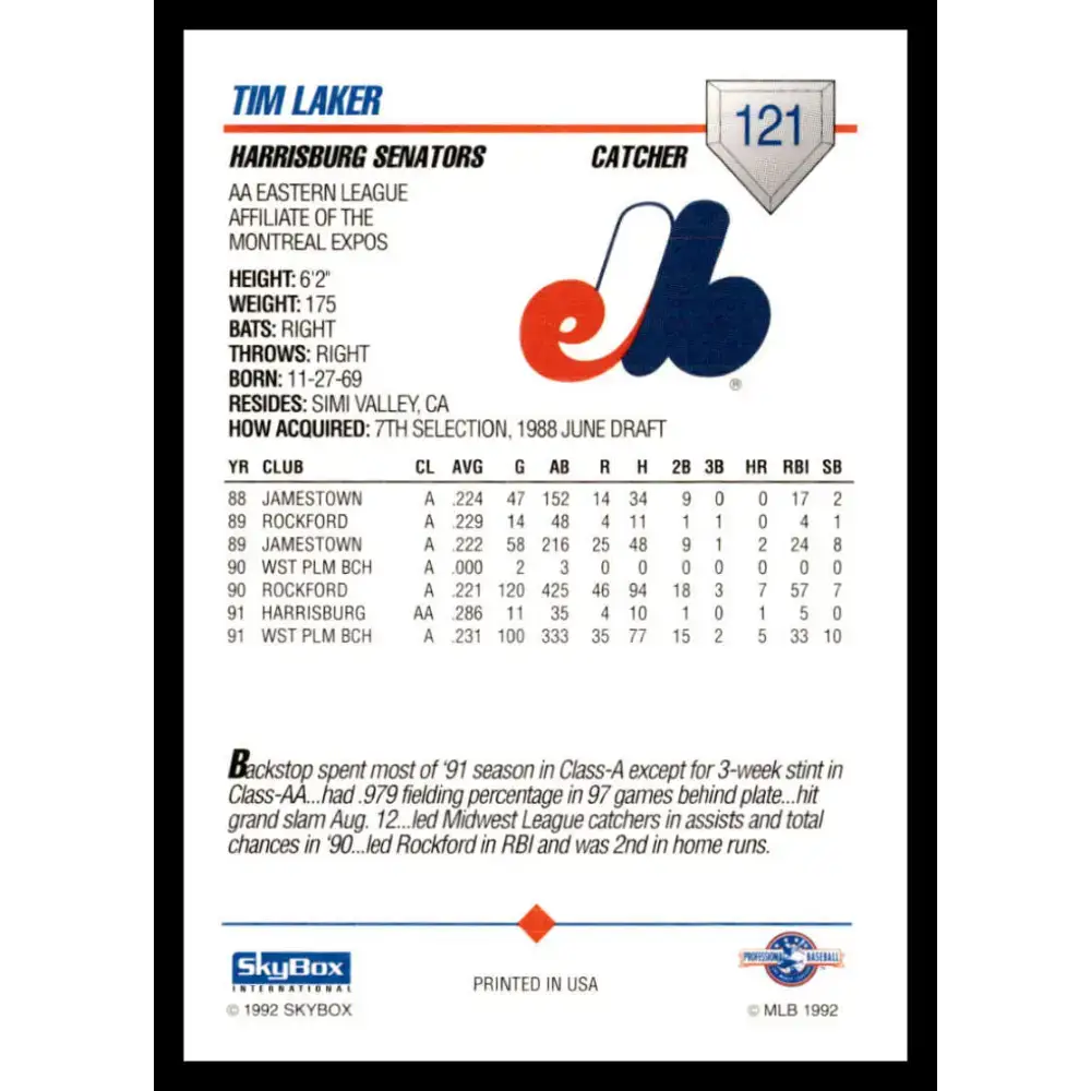 1992 Skybox AA #121 Tim Laker Harrisburg Senators NM-MT Baseball Card - Baseball Card Single