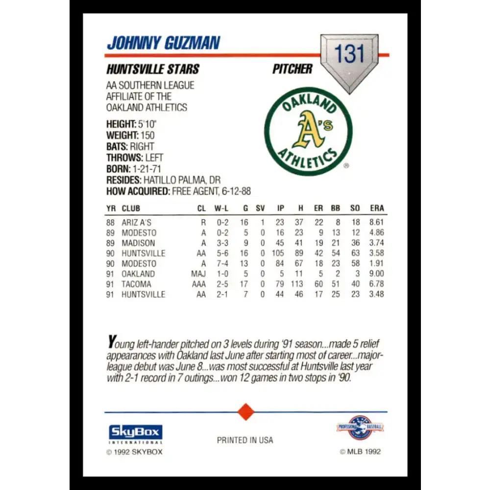 1992 Skybox AA #131 Johnny Guzman Huntsville Stars NM-MT Baseball Card - Baseball Card Single