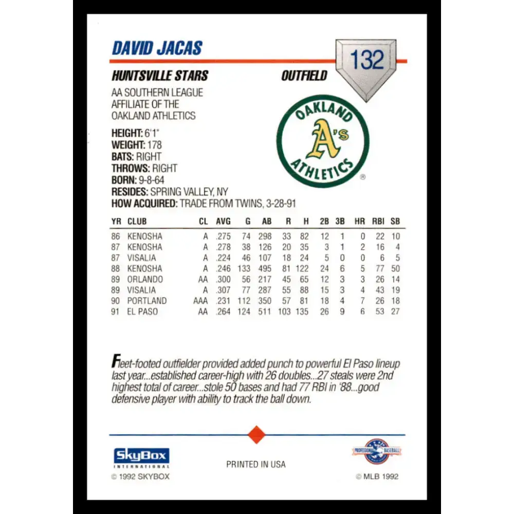 1992 Skybox AA #132 David Jacas Huntsville Stars NM-MT Baseball Card - Baseball Card Single