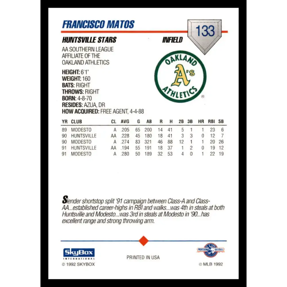 1992 Skybox AA #133 Francisco Matos Huntsville Stars NM-MT Baseball Card - Baseball Card Single