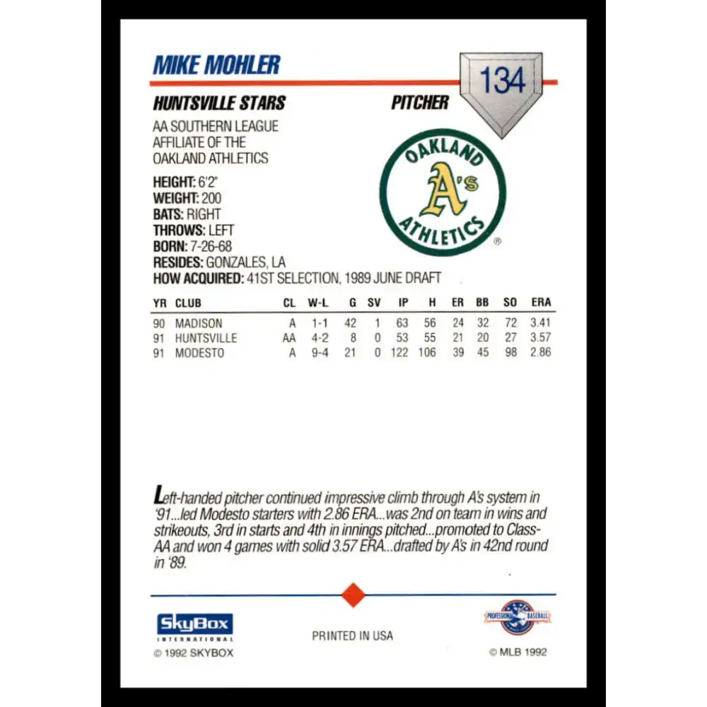 1992 Skybox AA #134 Mike Mohler Huntsville Stars NM-MT Baseball Card - Baseball Card Single
