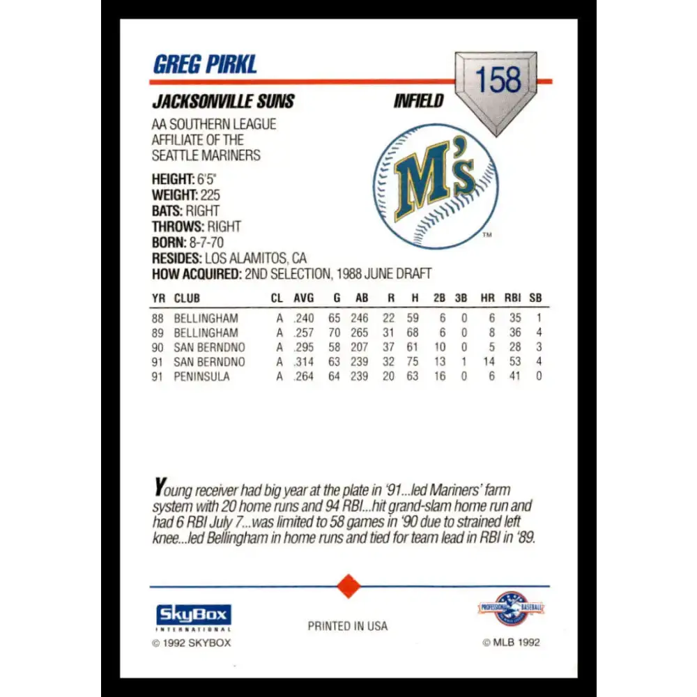 1992 Skybox AA #158 Greg Pirkl Jacksonville Suns NM-MT Baseball Card - Baseball Card Single