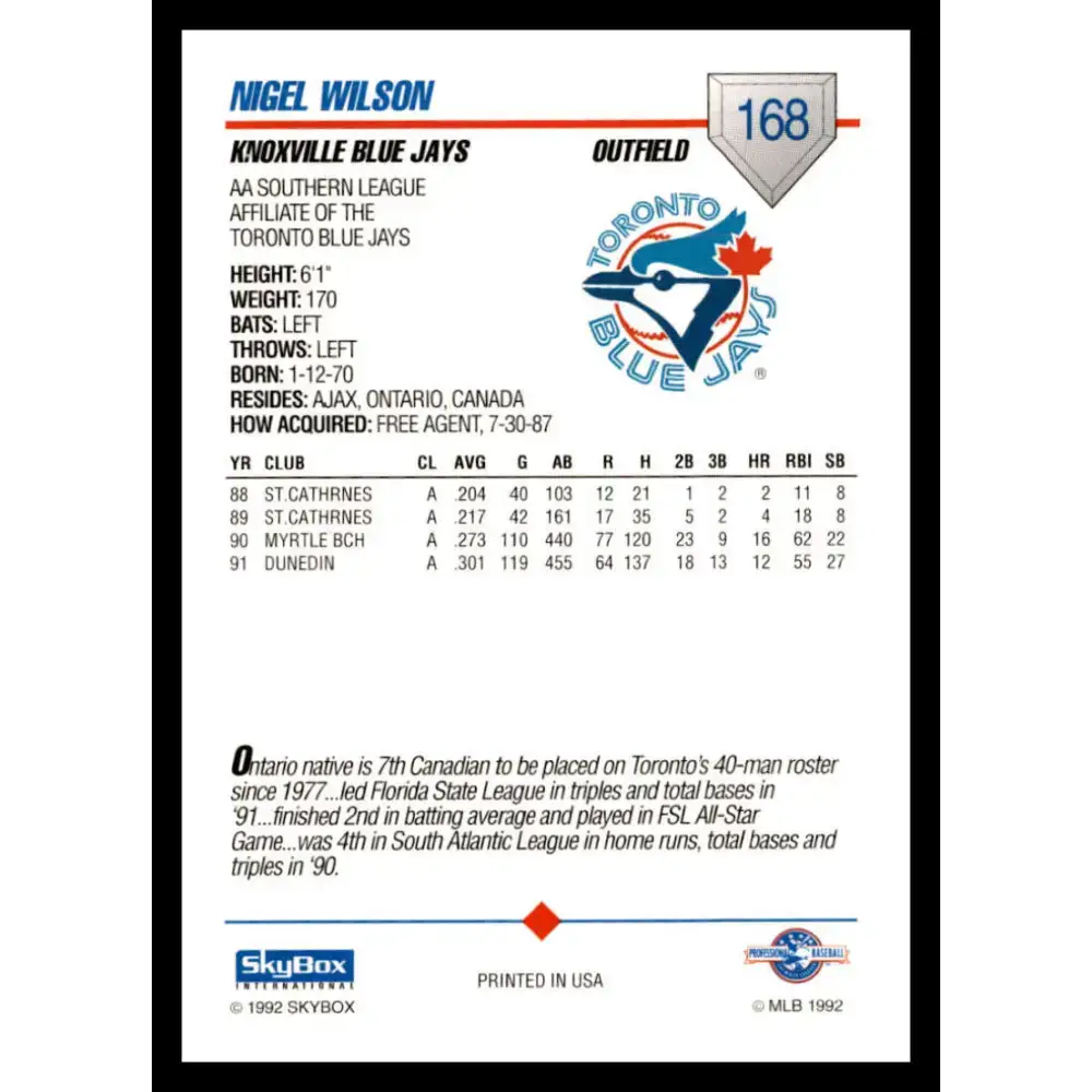 1992 Skybox AA #168 Nigel Wilson Knoxville Blue Jays NM-MT Baseball Card - Baseball Card Single