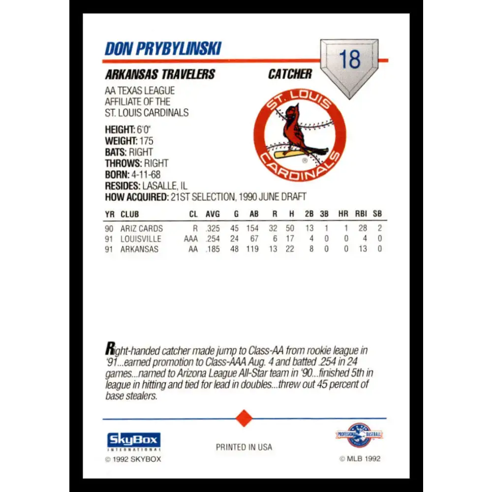 1992 Skybox AA #18 Don Prybylinski Arkansas Travelers NM-MT Baseball Card - Baseball Card Single