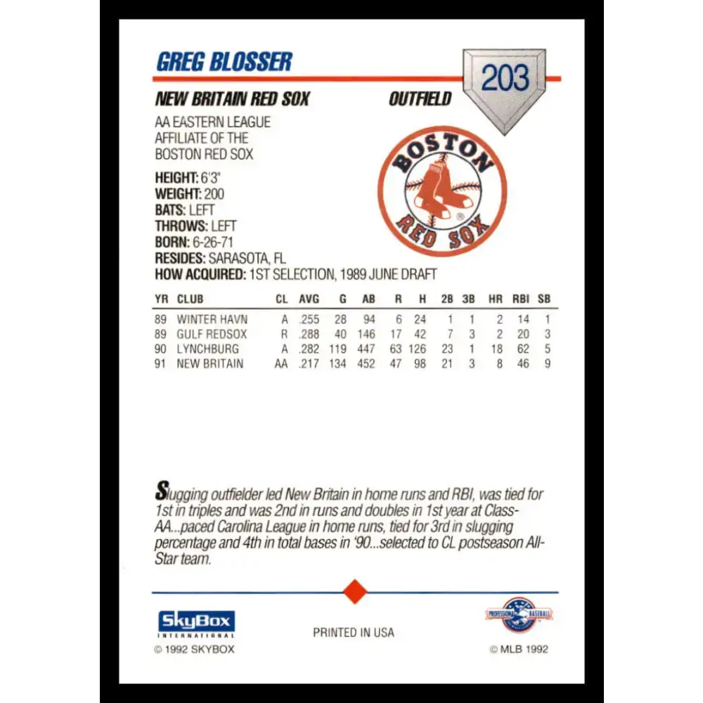 1992 Skybox AA #203 Greg Blosser New Britain Red Sox NM-MT Baseball Card - Baseball Card Single