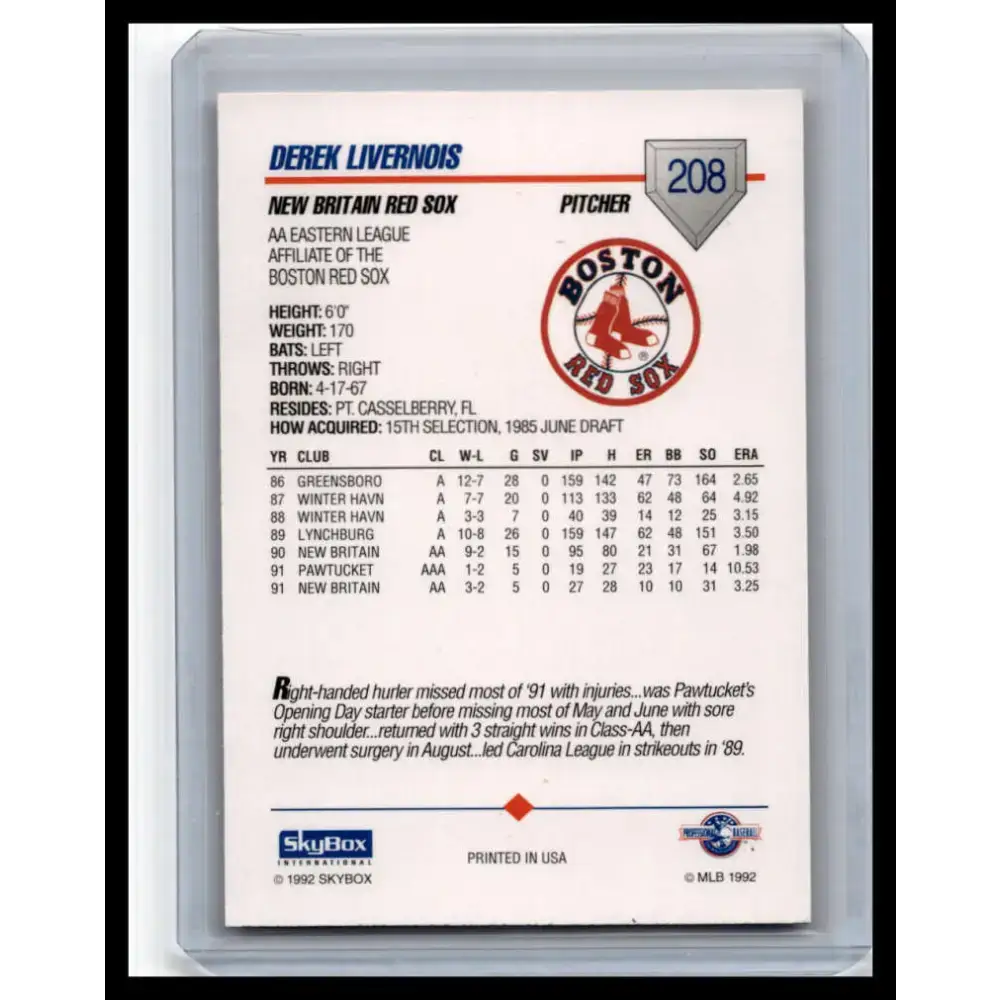 1992 Skybox AA #208 Derek Livernois New Britain Red Sox NM-MT Baseball Card - Baseball Card Single