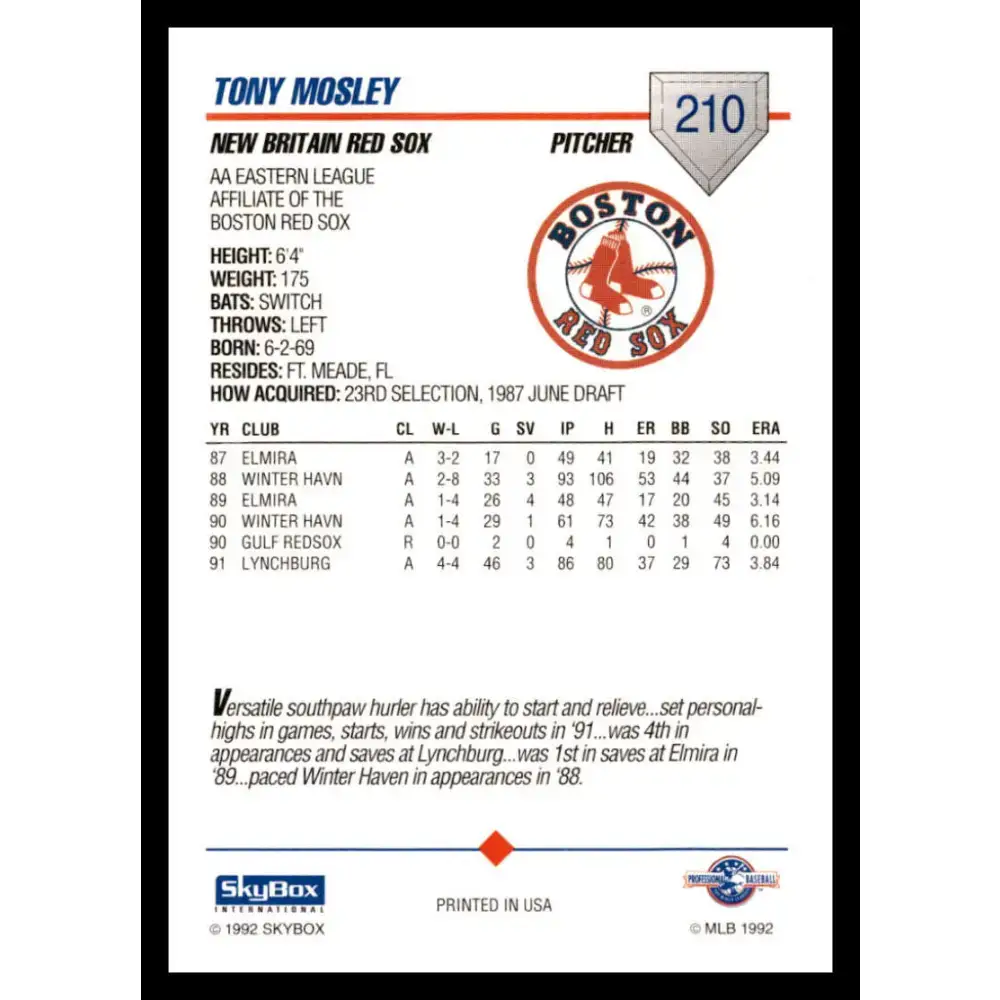 1992 Skybox AA #210 Tony Mosley New Britain Red Sox NM-MT Baseball Card - Baseball Card Single