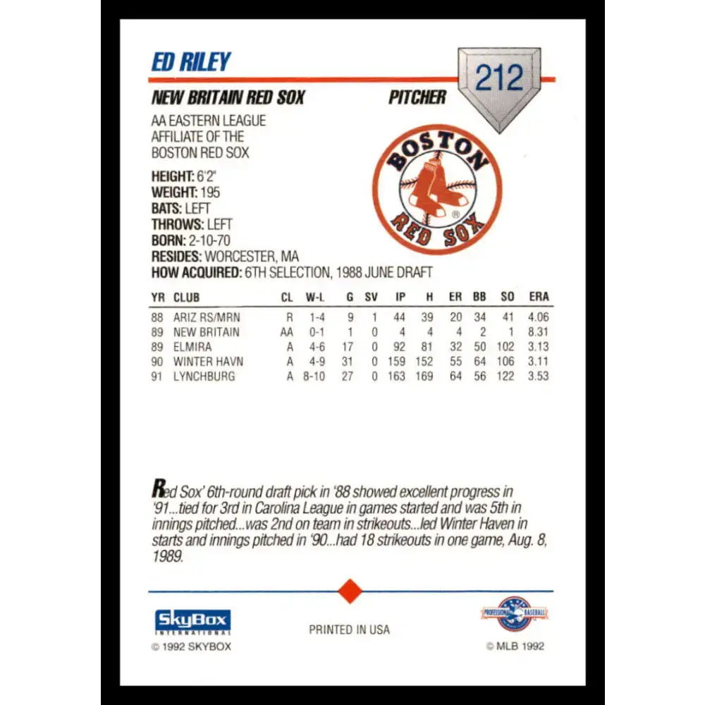 1992 Skybox AA #212 Ed Riley New Britain Red Sox NM-MT Baseball Card - Baseball Card Single