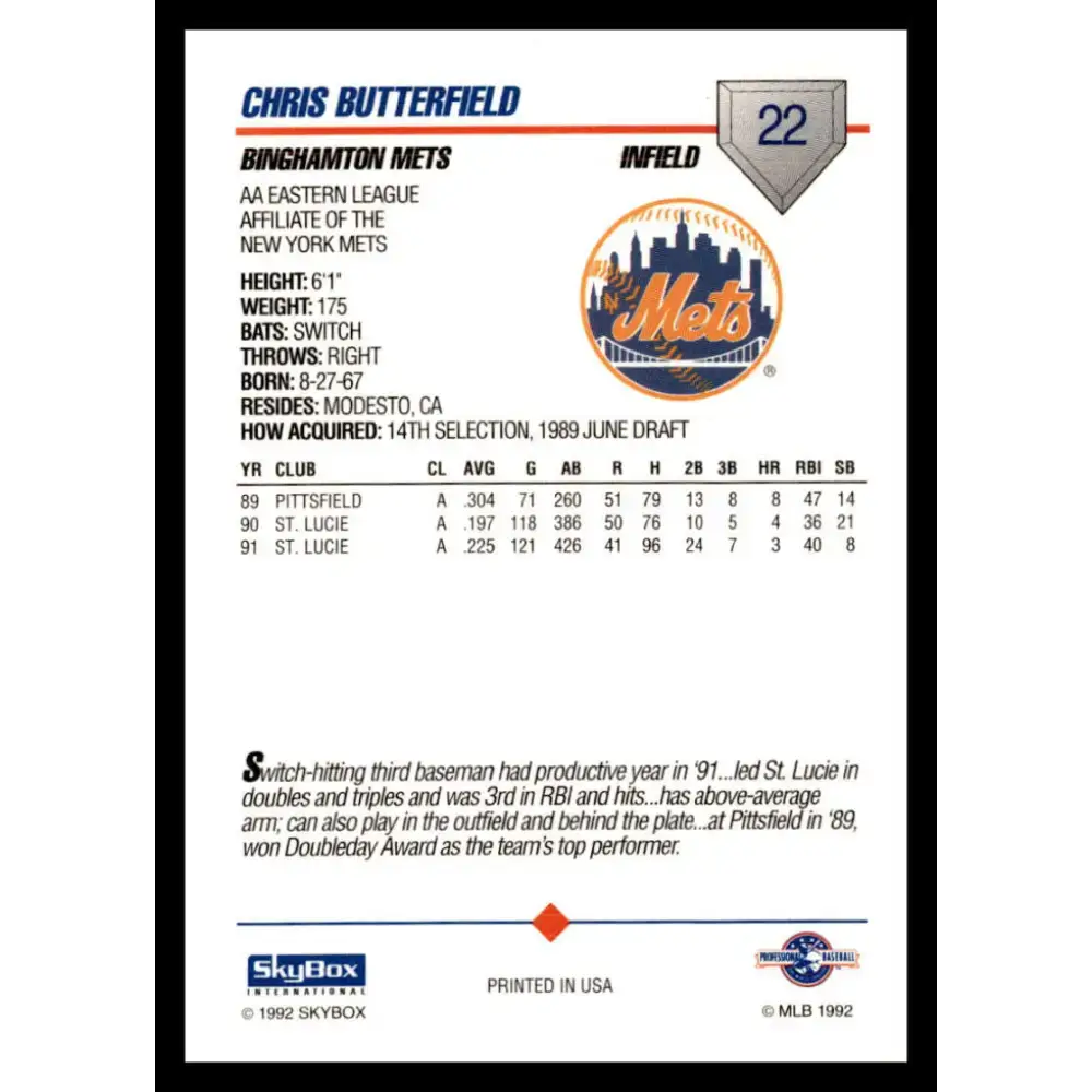 1992 Skybox AA #22 Chris Butterfield Binghamton Mets NM-MT Baseball Card - Baseball Card Single