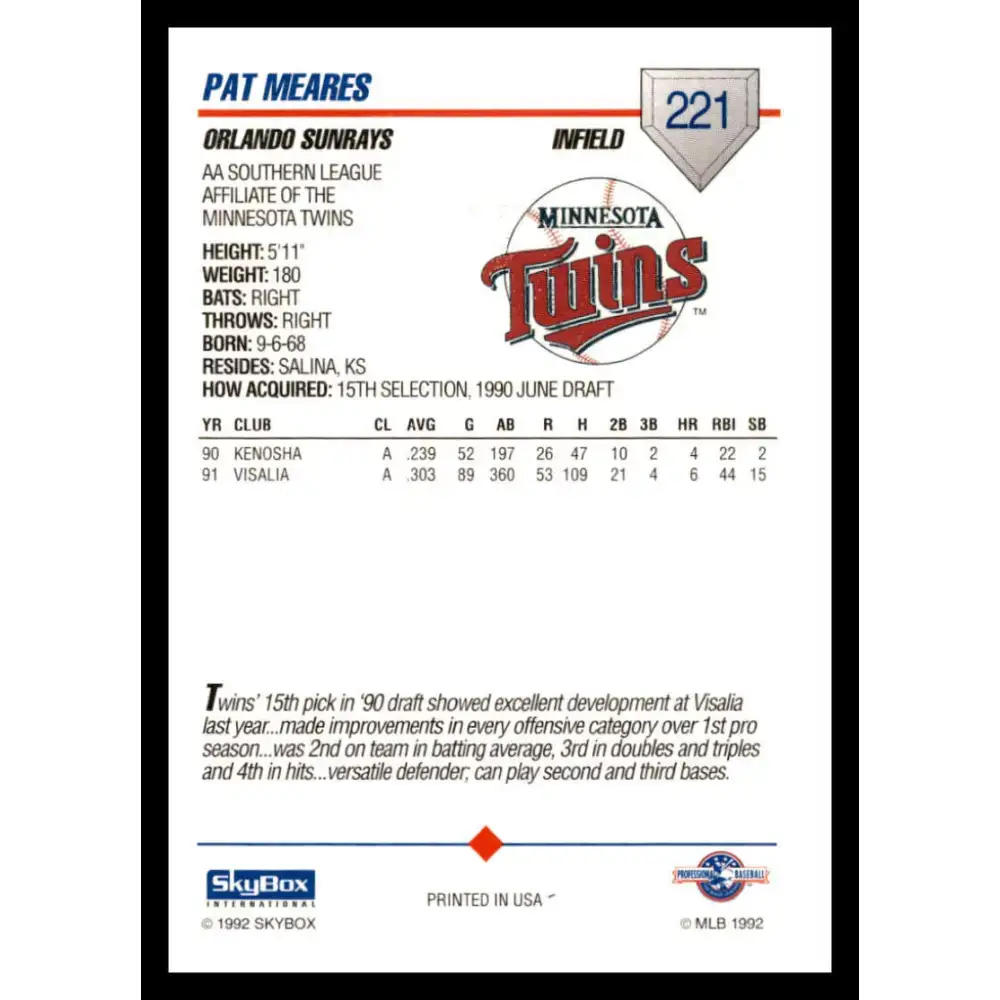 1992 Skybox AA #221 Pat Meares Orlando Sun Rays NM-MT Baseball Card - Baseball Card Single
