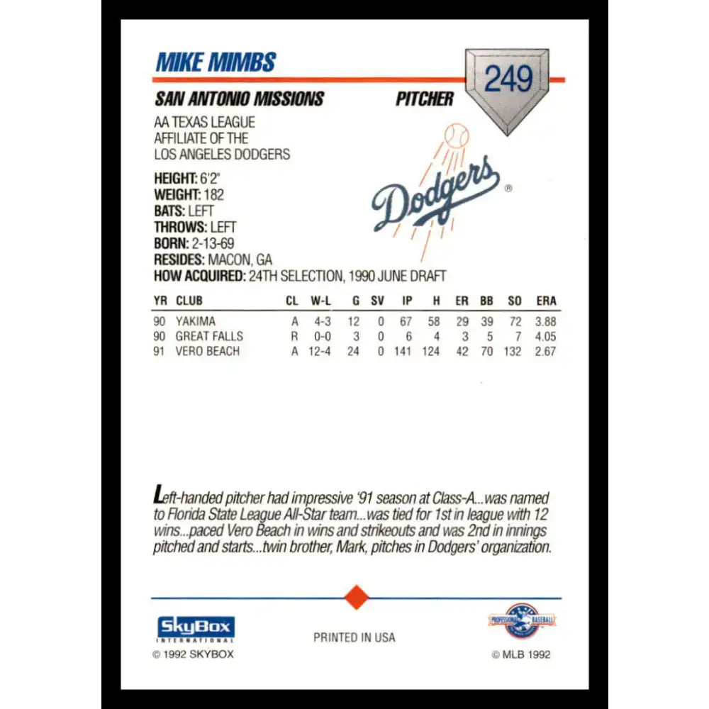 1992 Skybox AA #249 Mike Mimbs San Antonio Missions NM-MT Baseball Card - Baseball Card Single