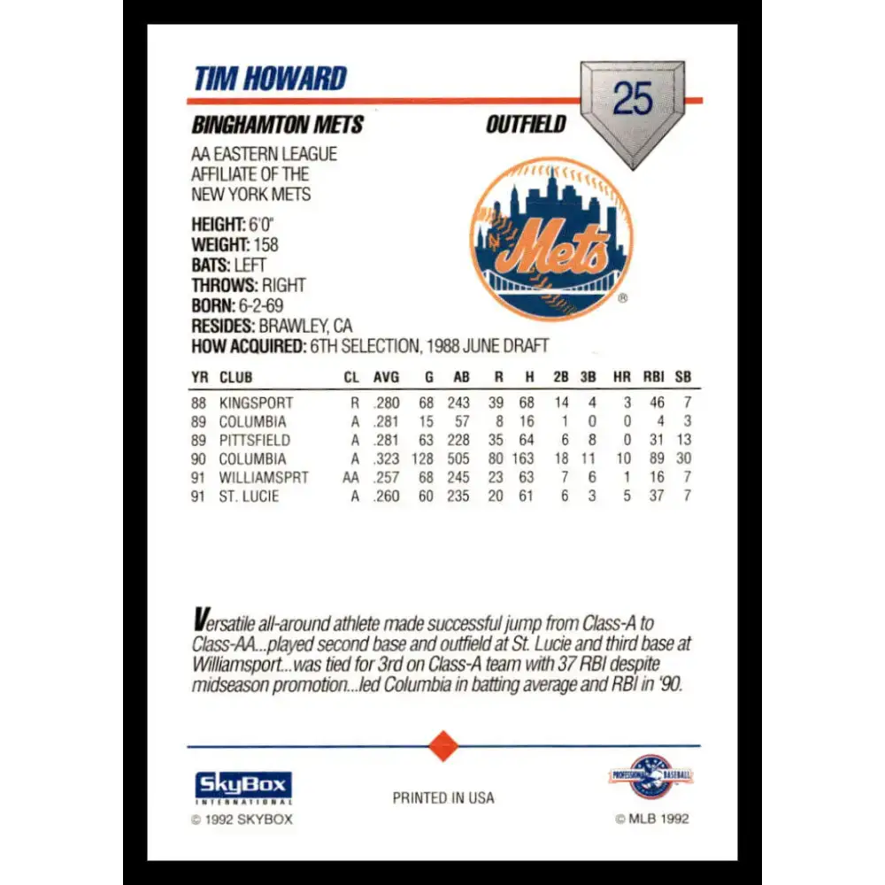 1992 Skybox AA #25 Tim Howard Binghamton Mets NM-MT Baseball Card - Baseball Card Single