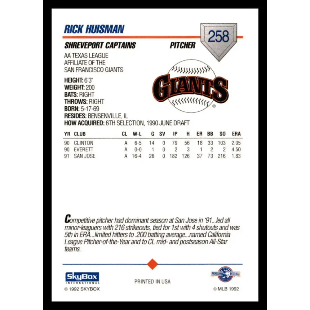1992 Skybox AA #258 Rick Huisman Shreveport Captains NM-MT Baseball Card - Baseball Card Single