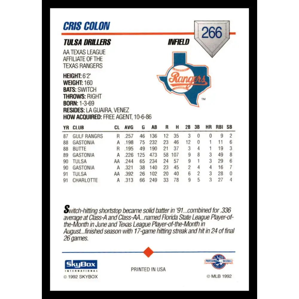 1992 Skybox AA #266 Cris Colon Tulsa Drillers NM-MT Baseball Card - Baseball Card Single