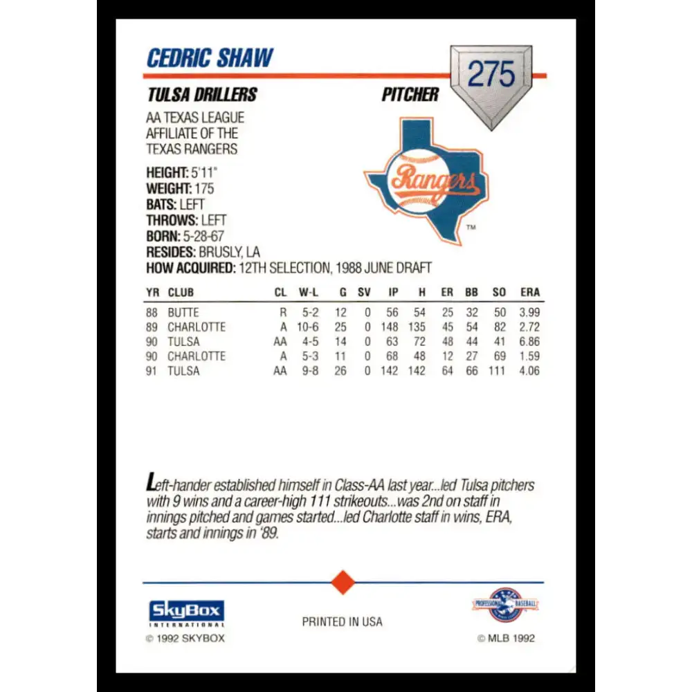 1992 Skybox AA #275 Cedric Shaw Tulsa Drillers NM-MT Baseball Card - Baseball Card Single