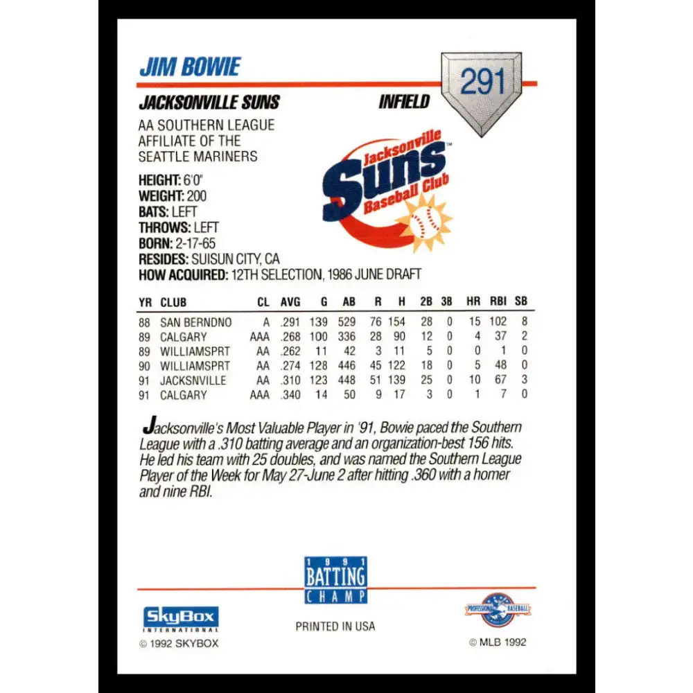 1992 Skybox AA #291 Jim Bowie Jacksonville Suns NM-MT Baseball Card - Baseball Card Single