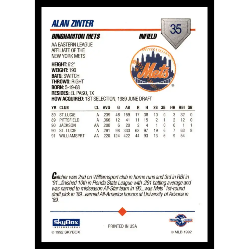 1992 Skybox AA #35 Alan Zinter Binghamton Mets NM-MT Baseball Card - Baseball Card Single