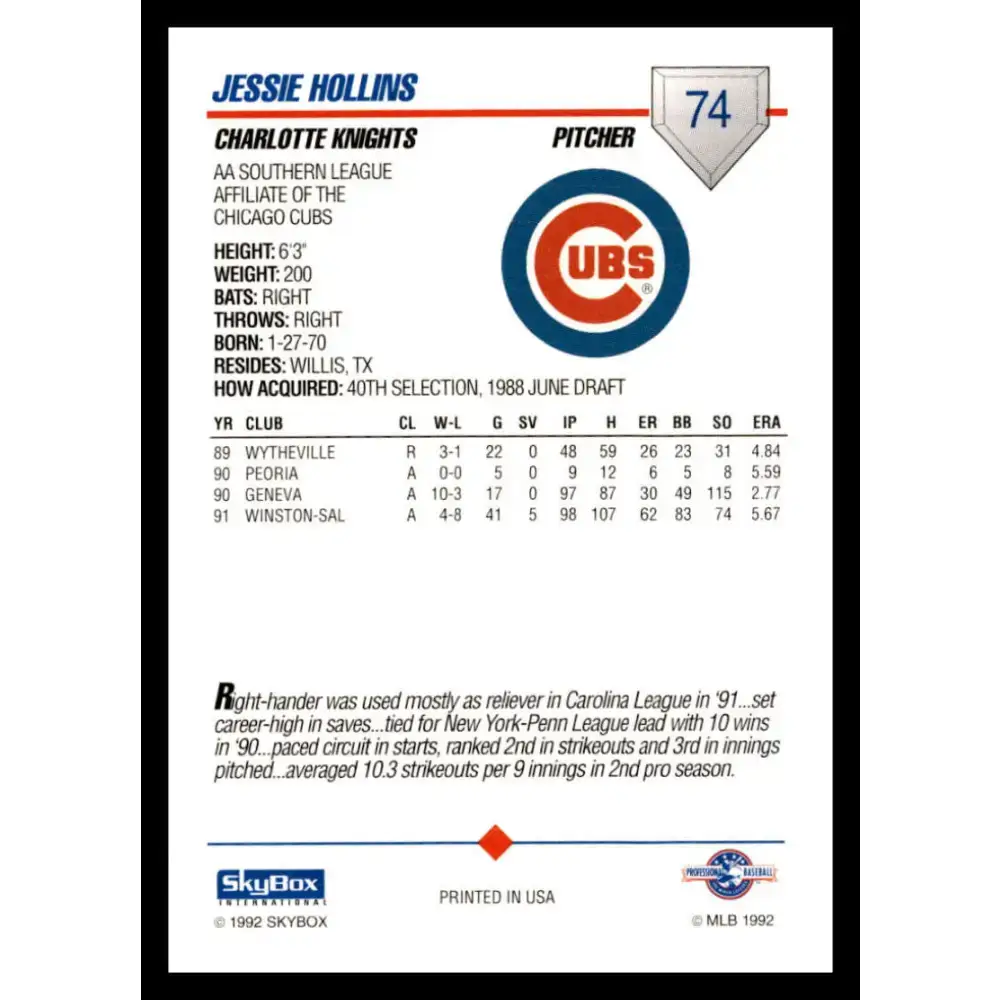 1992 Skybox AA #74 Jessie Hollins Charlotte Knights NM-MT Baseball Card - Baseball Card Single