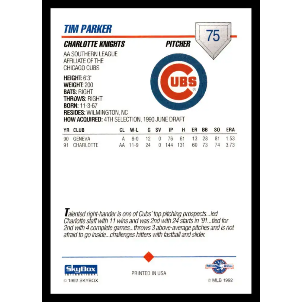 1992 Skybox AA #75 Tim Parker Charlotte Knights NM-MT Baseball Card - Baseball Card Single