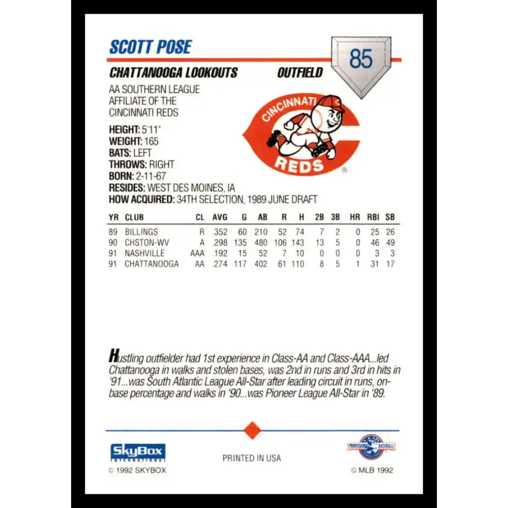 1992 Skybox AA #85 Scott Pose Chattanooga Lookouts NM-MT Baseball Card - Baseball Card Single