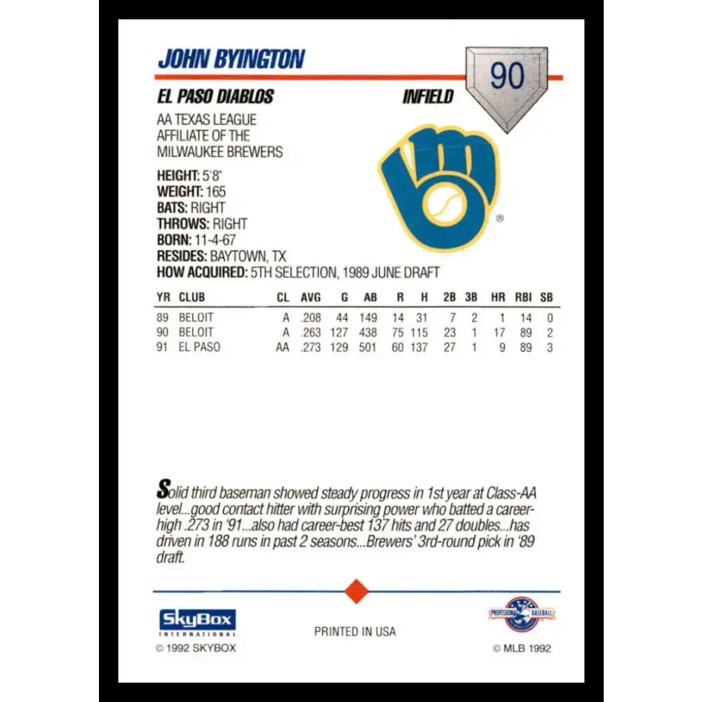 1992 Skybox AA #90 John Byington El Paso Diablos NM-MT Baseball Card - Baseball Card Single