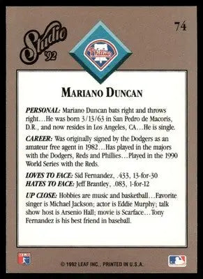 1992 Studio Mariano Duncan #74 Baseball - Baseball Card Single
