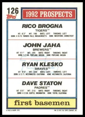 1992 Top Prospects Brogna / Jaha / Klesko / Staton Rookie 1992 Topps #126 - Baseball Card Single