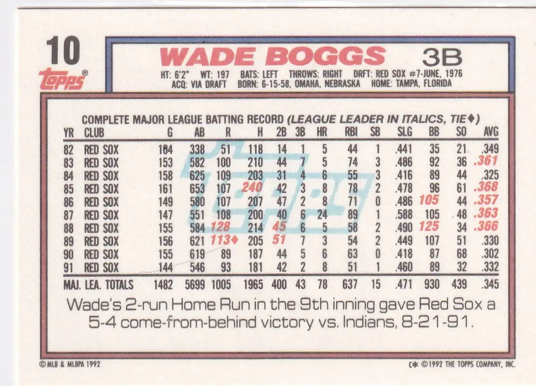 1992 TOPPS #10 WADE BOGGS- BOSTON RED SOX - Baseball Card Single