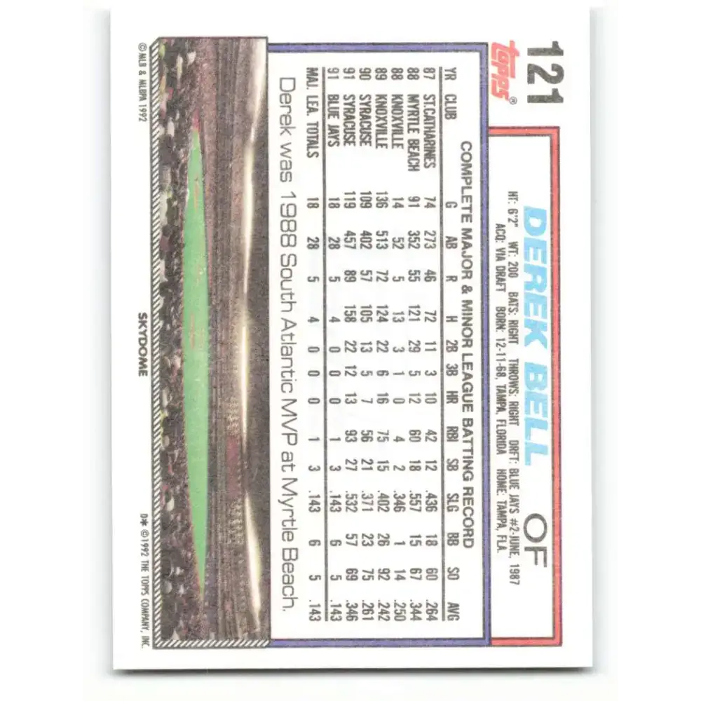 1992 Topps #121 Derek Bell EX Excellent Toronto Blue Jays Baseball Card - Baseball Card Single