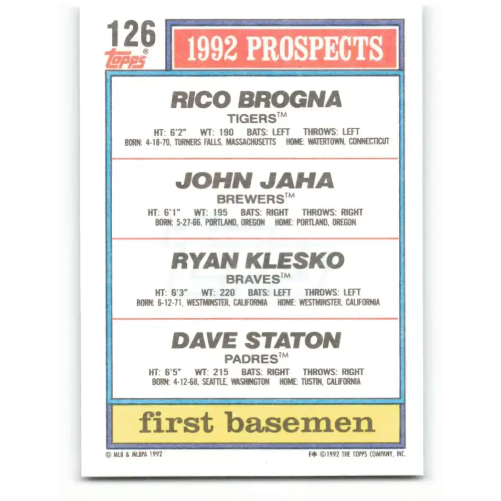 1992 Topps #126 Rico Brogna/John Jaha/Ryan Klesko/Dave Staton NM-MT RC Rookie Detroit Tigers/Milwaukee Brewers/Atlanta