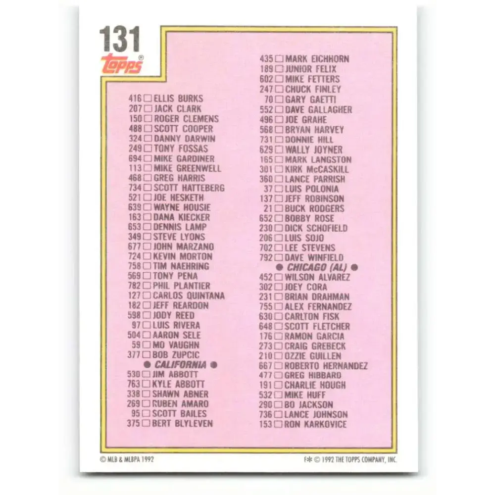 1992 Topps #131 Checklist 1-132 NM-MT Baseball Card - Baseball Card Single