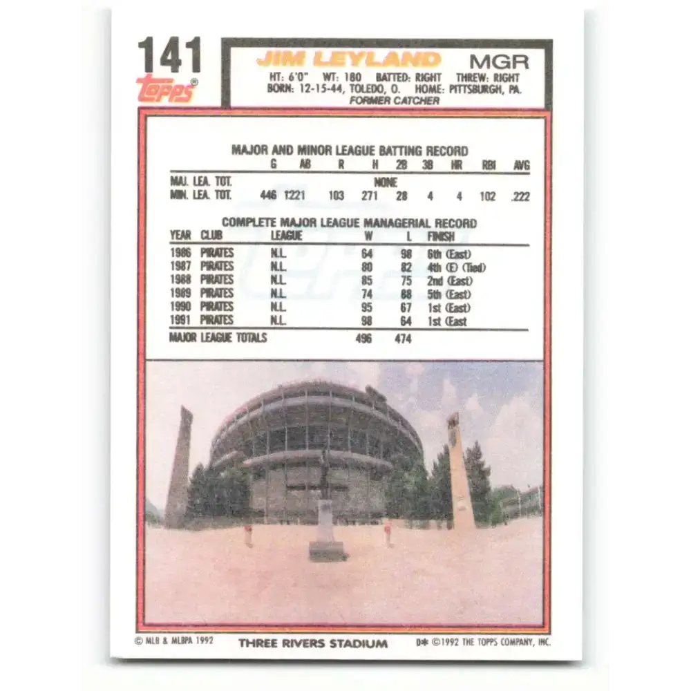 1992 Topps #141 Jim Leyland EX Excellent Pittsburgh Pirates Baseball Card - Baseball Card Single