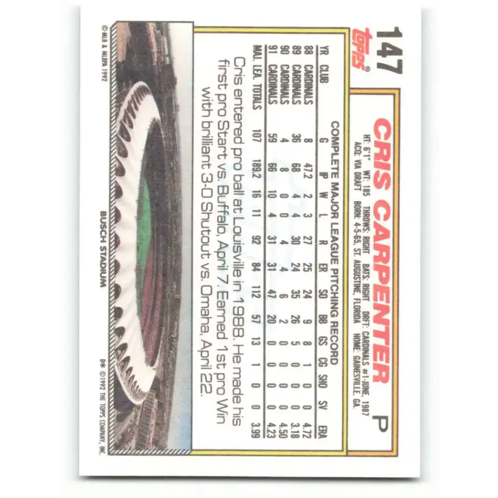 1992 Topps #147 Cris Carpenter NM-MT St. Louis Cardinals Baseball Card - Baseball Card Single