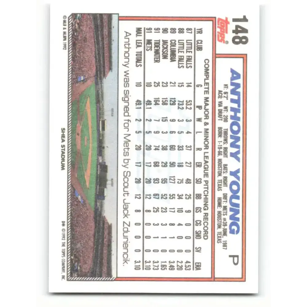 1992 Topps #148 Anthony Young EX Excellent New York Mets Baseball Card - Baseball Card Single
