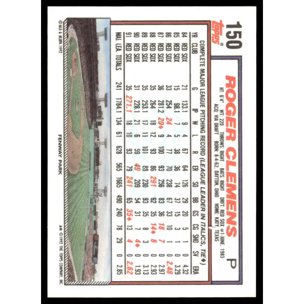 1992 Topps #150 Roger Clemens EX/NM Boston Red Sox Baseball Card - Baseball Card Single