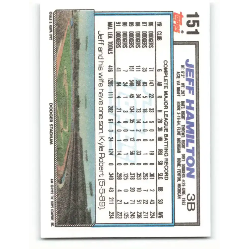 1992 Topps #151 Jeff Hamilton EX Excellent Los Angeles Dodgers Baseball Card - Baseball Card