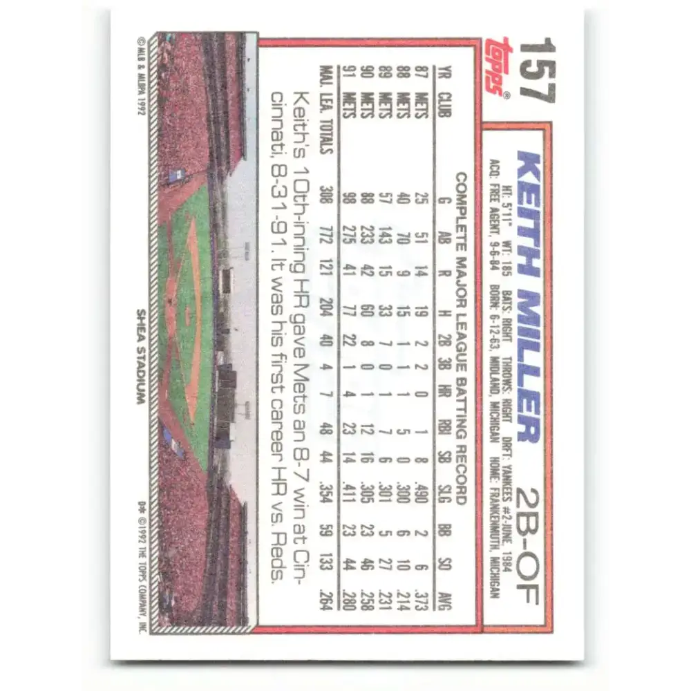 1992 Topps #157 Keith Miller NM-MT New York Mets Baseball Card - Baseball Card Single
