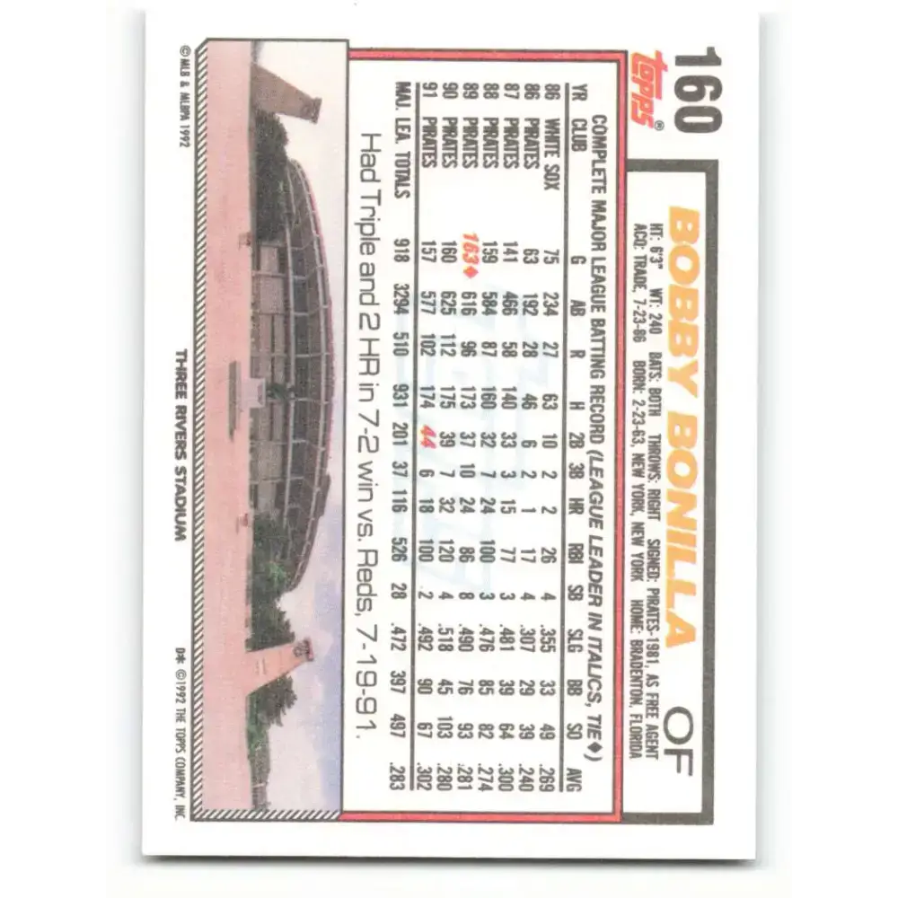1992 Topps #160 Bobby Bonilla EX Excellent Pittsburgh Pirates Baseball Card - Baseball Card