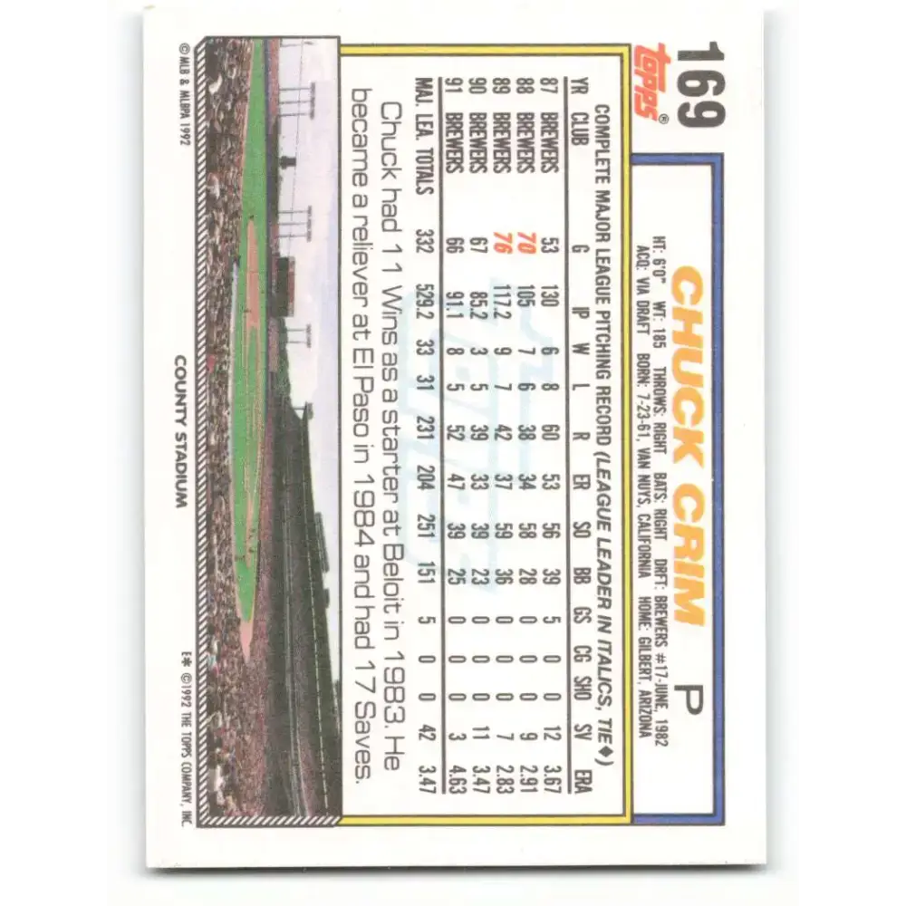 1992 Topps #169 Chuck Crim NM-MT Milwaukee Brewers Baseball Card - Baseball Card Single