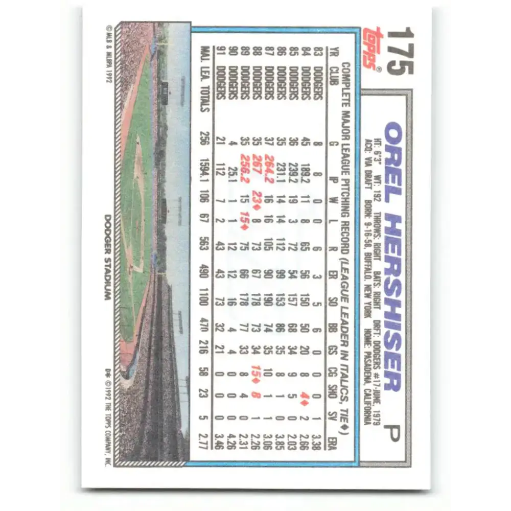 1992 Topps #175 Orel Hershiser NM-MT Los Angeles Dodgers Baseball Card - Baseball Card Single