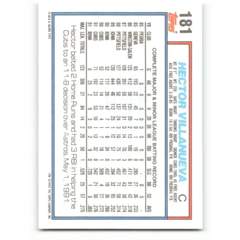 1992 Topps #181 Hector Villanueva NM-MT Chicago Cubs Baseball Card - Baseball Card Single