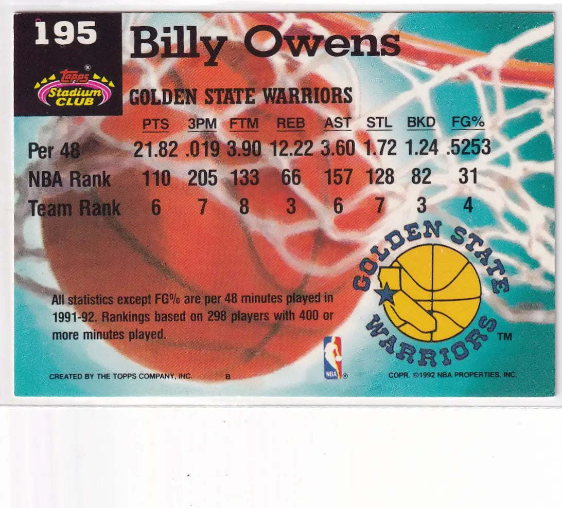 1992 TOPPS #195 BILLY OWENS- GOLDEN STATE WARRIORS - Basketball Card Single