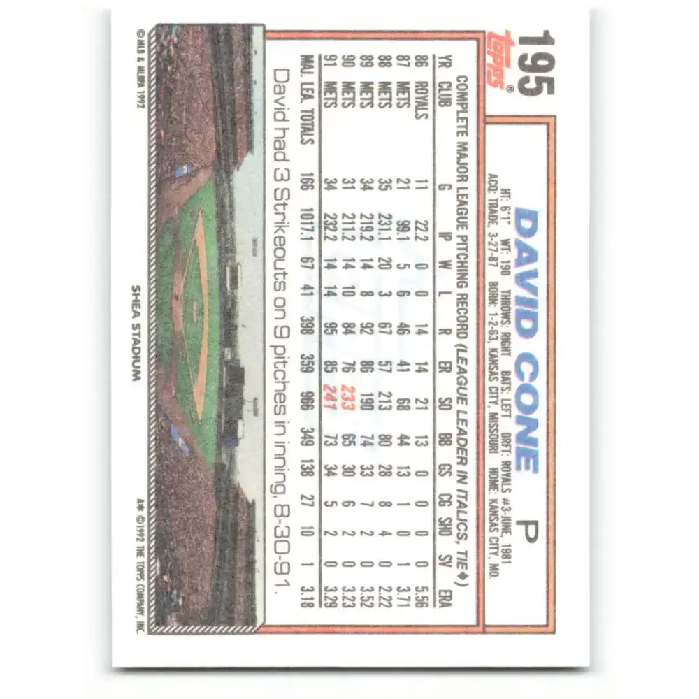 1992 Topps #195 David Cone NM-MT New York Mets Baseball Card - Baseball Card Single